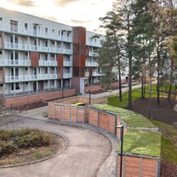 Ein modernisierter Häuserblock steht neben einer Baumgruppe