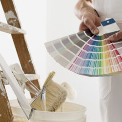 Neben einer Malerleiter und einem Tapezierpinsel hält eine Hand aufgefächerte Papierstreifen mit verschiedenen Malerfarben.